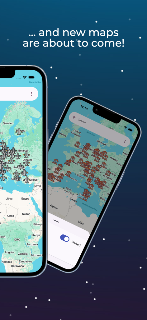 Una vista previa de la aplicación World Traveller mostrando mapas temáticos de aeropuertos y sitios de la UNESCO en pantallas de móvil