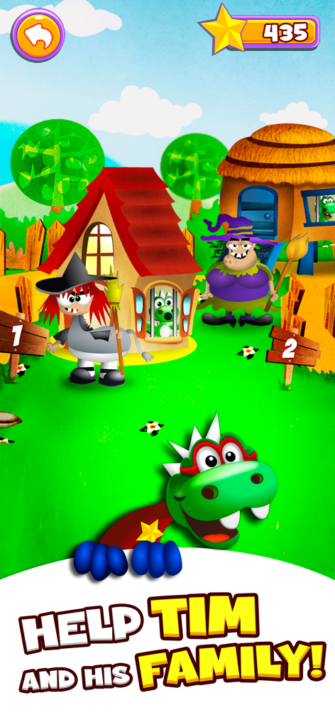Dino Tim Premium: Basic math - Dino Tim looking for help to rescue his family from witches in a colorful educational game scene