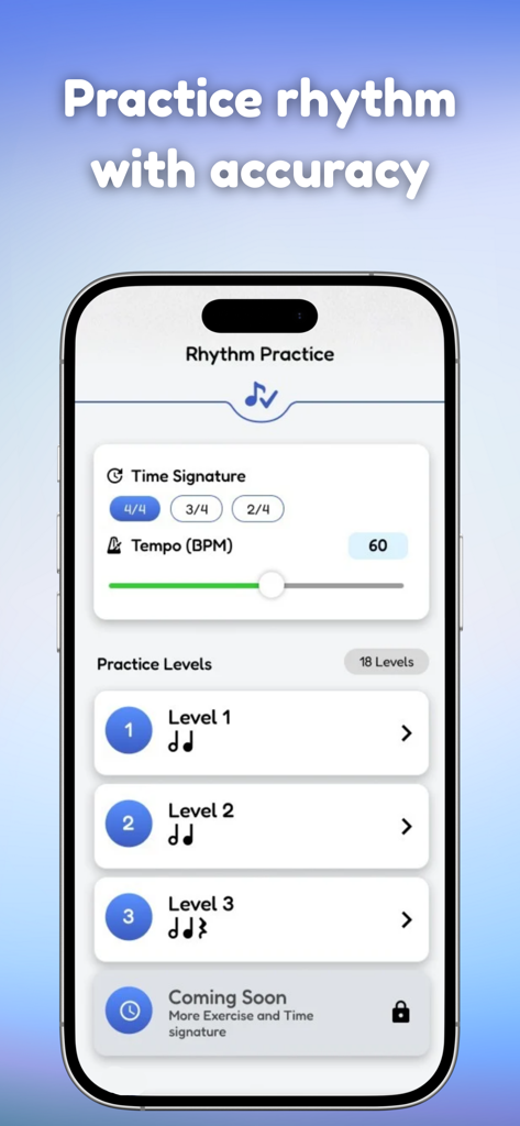 Go Practice Music - Tela de prática de ritmo do aplicativo Go Practice Music mostrando configurações de tempo e níveis de treinamento.