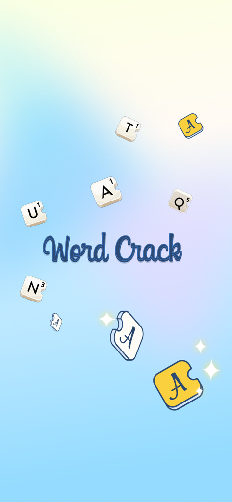 Pantalla de título del juego Word Crack con fichas de letras cayendo sobre un fondo azul claro