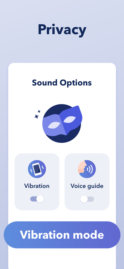 Kegel Exercises Pelvic Floor - Privacy settings interface in the Kegel app showing sound options for vibration and voice guide modes