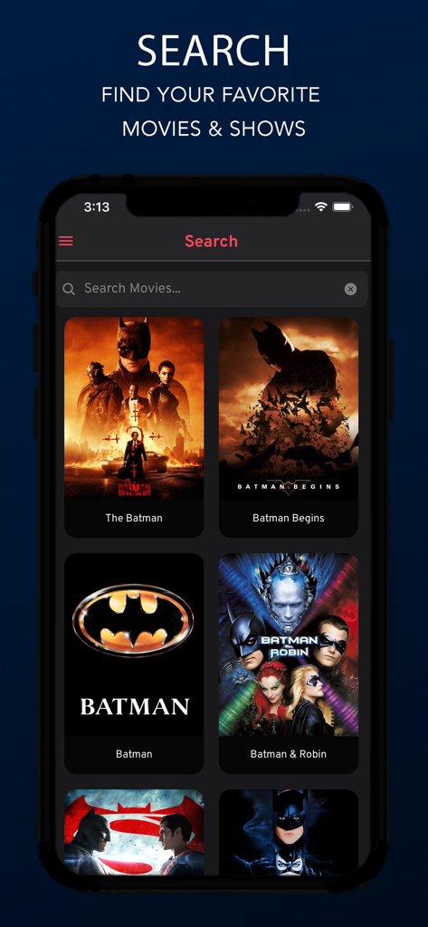 Egybest - Écran de recherche de l'application Egybest affichant les résultats des films Batman avec des affiches.
