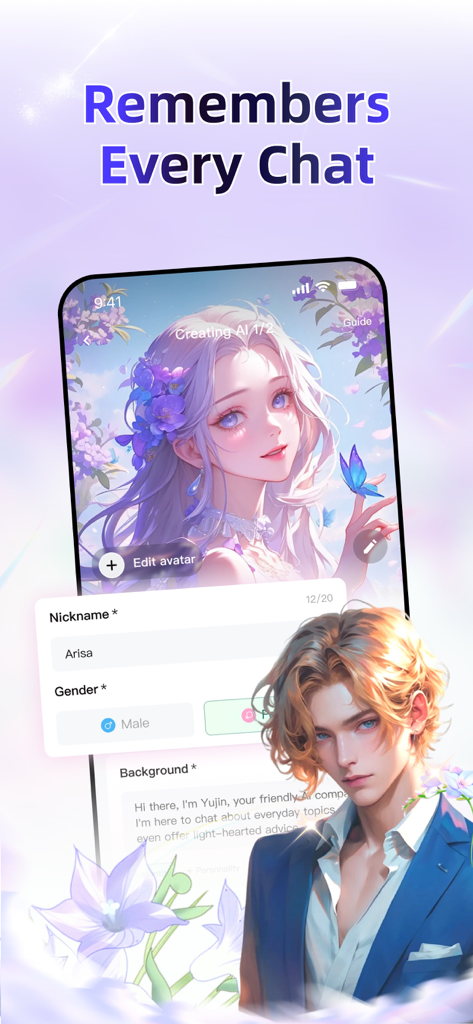 MiloMate-Talk with AI Roles - MiloMate app screen showing the customization of an anime-style AI character with profile settings.