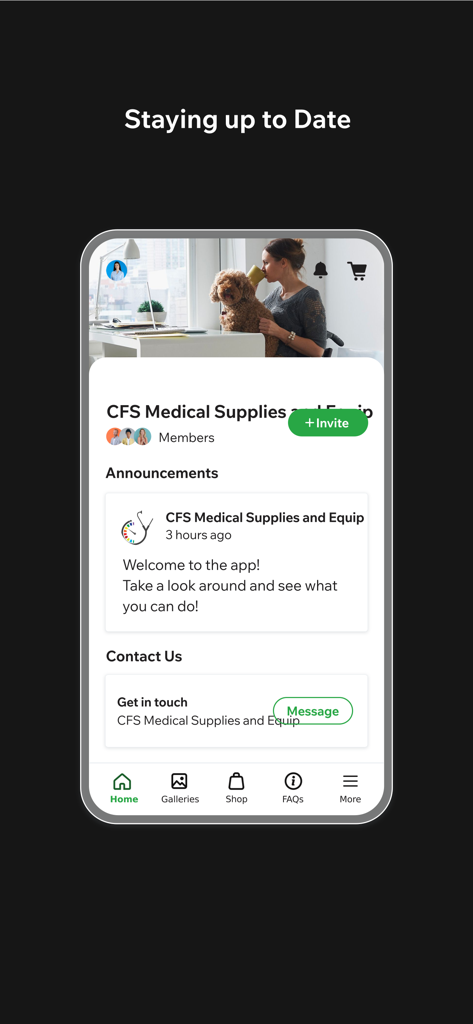 CFS Medical Supplies - Schermata principale dell'app Forniture Mediche CFS con annunci e pulsante di contatto