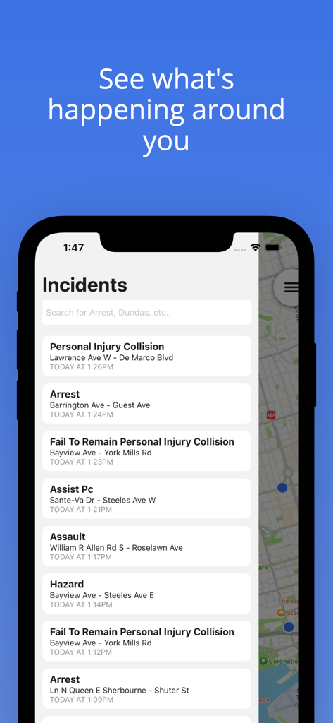 tpscalls - Mobile app interface showing a list of live police incidents and emergency calls in Toronto