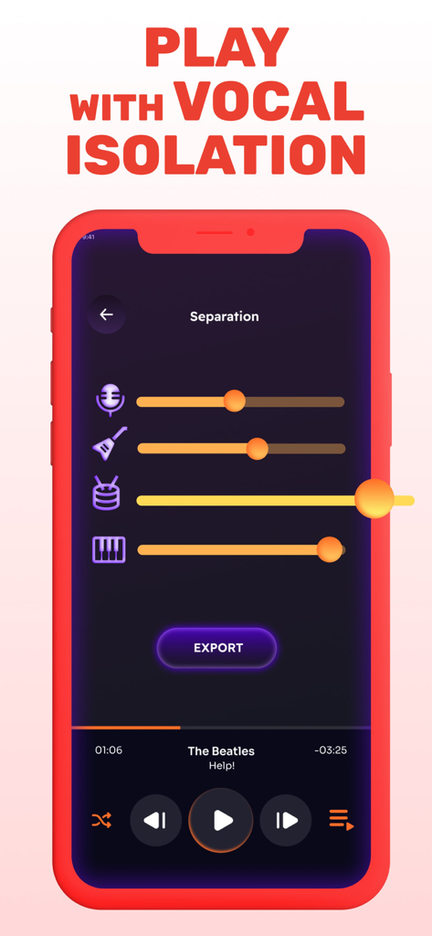 TubeMate: Convert Video To MP3 - Una pantalla de aplicación móvil que muestra controles deslizantes para aislar voces e instrumentos de una canción