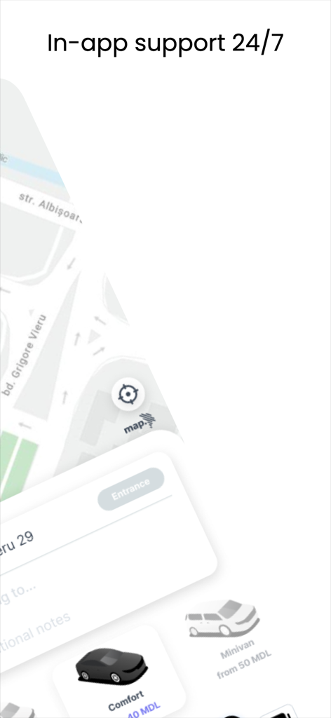 Letz | Request a ride - Letz app screenshot showing 24/7 support and ride categories