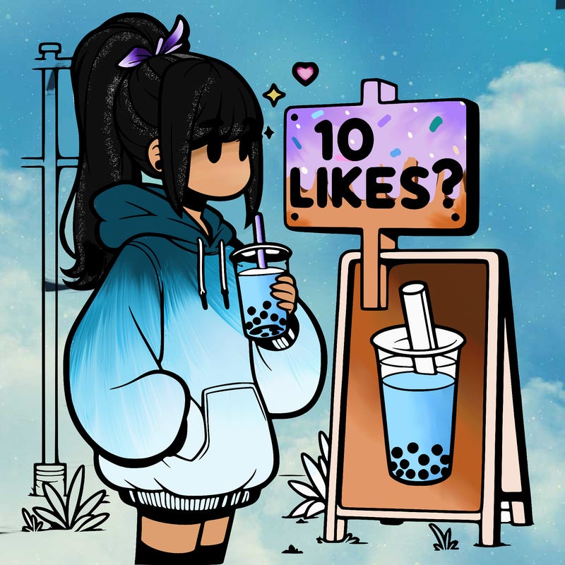 girl with oversized hoodie drinking boba and she has a high ponytail with a sign that says 10likes?