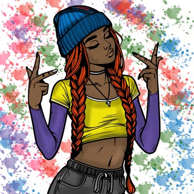 realistic teenage girl with braids and a beanie and crop top doing 🫶🏼