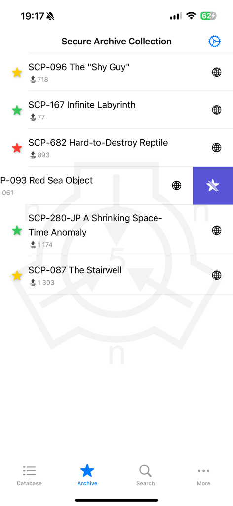 SCP Foundation Archive nn5n - Mobile app interface showing the Secure Archive Collection list of SCP entries with rating stars and category icons.