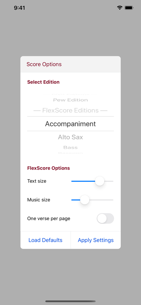 Lift Up Your Hearts Hymnal - Score options menu for selecting musical editions and adjusting text and music size settings