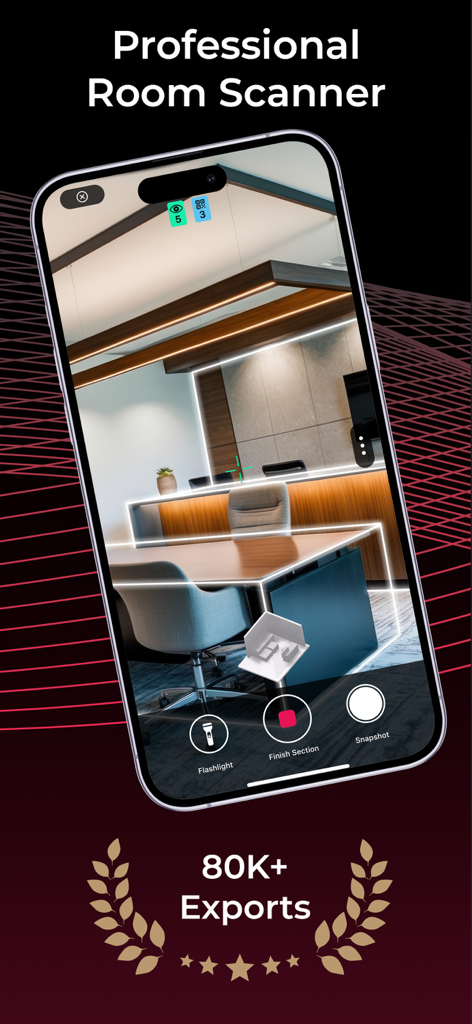 Metaroom app interface on a smartphone scanning an office room into a professional 3D model