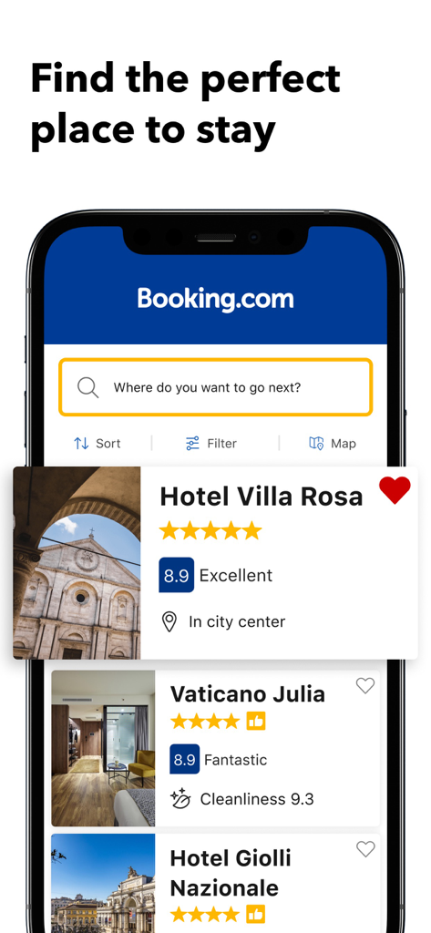 Booking.com app mobile interface showing hotel search results with ratings and reviews
