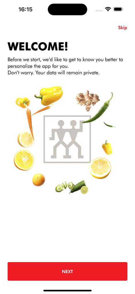 ZWILLING App - ZWILLING app welcome screen with fresh ingredients and personalization message