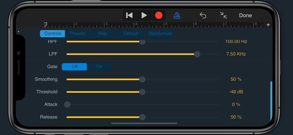 GateVerbオーディオプラグインインターフェース。ゲートおよびフィルターコントロールが表示されています。