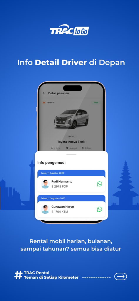 TRACtoGo: Rental Mobil & Bus - Interface do aplicativo TRACtoGo exibindo nomes de motoristas e detalhes da placa do veículo para uma reserva de aluguel de carro