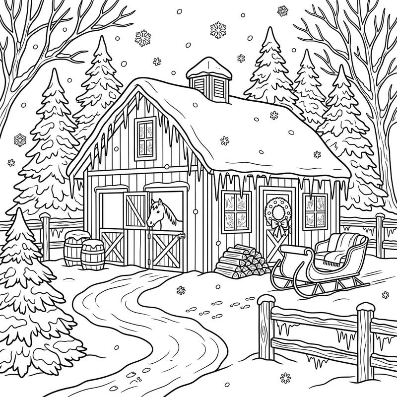 Gallop into a serene winter wonderland with this captivating horse barn coloring page. Adorned with snow and a friendly peek from a horse, it's perfect for a cozy creative escape.