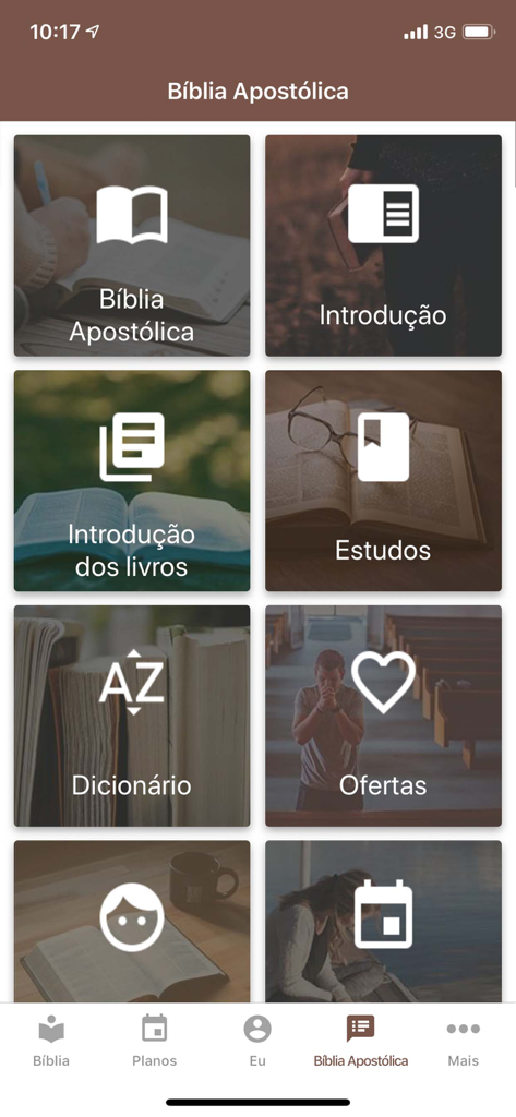Tableau de bord principal de l'application Biblia Apostolica montrant les ressources d'étude et les plans de lecture