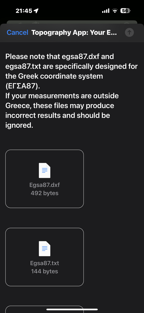 Topography Lite - Export screen of Topography Lite app for Greek coordinate system files