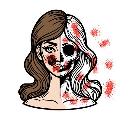 bust of a woman, half face and hair, half skull