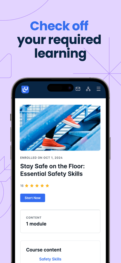 Mobile interface of the LearnUpon app showing a safety skills course with a start now button