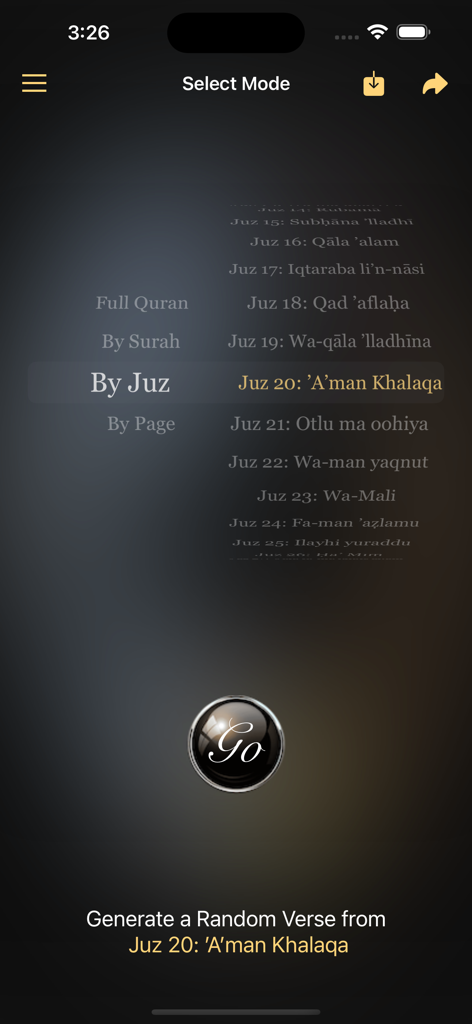 Random Quran Verse - Oberfläche der Random Quran Verse App, die den Auswahlmodus-Bildschirm zur Auswahl eines zufälligen Verses nach Juz anzeigt.
