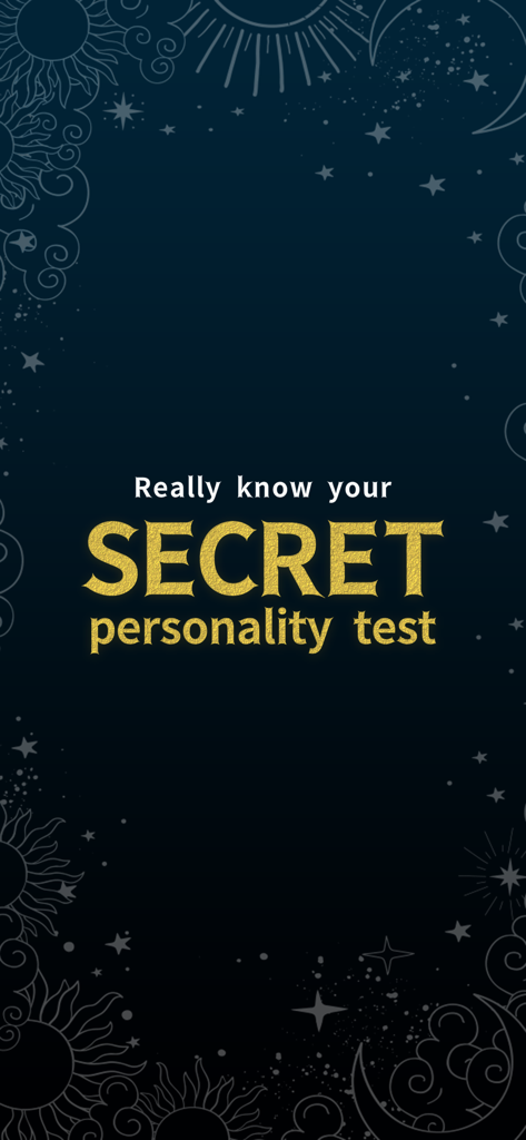 SECRET personality test - Startbildschirm der SECRET Persönlichkeitstest-App mit goldenem Text und himmlischen Illustrationen