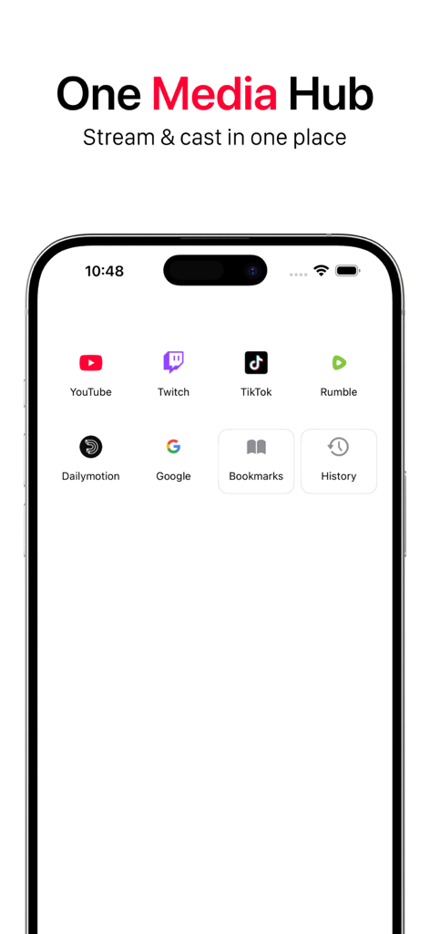 UbeCast: Music Streamer & PiP - UbeCast app dashboard displaying icons for popular video streaming platforms like YouTube and Twitch