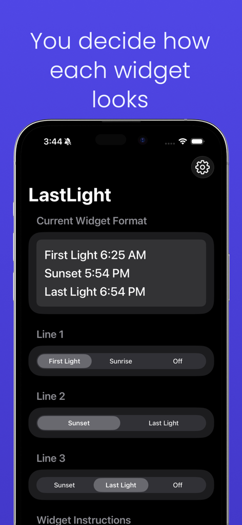 A mobile interface for the LastLight Pro app showing customization options for the current widget format including sunrise and sunset display lines.