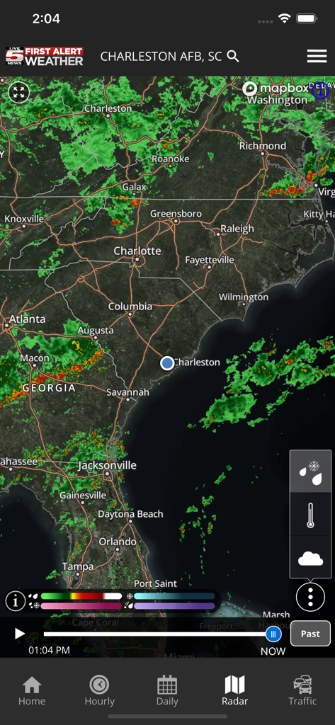 WCSC Live 5 Weather - WCSC Live 5 Weather app radar screen showing precipitation over Charleston South Carolina