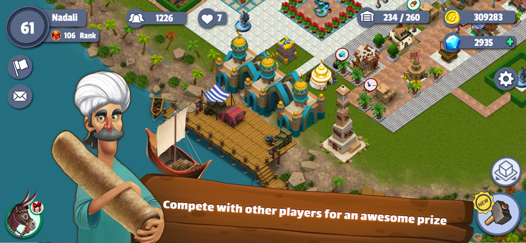 Gameplay of Sun City Builder featuring Persian architecture and a character near a coastal dock.