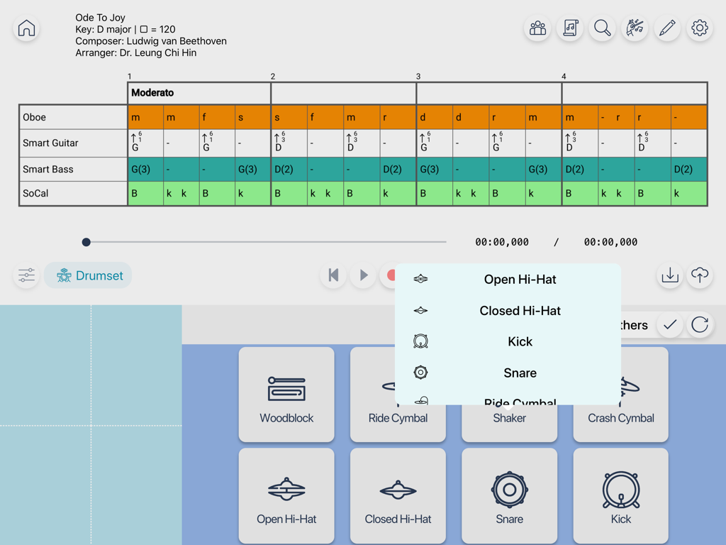 e-Orch - Screenshot of e-Orch app for iPad featuring grid notation for Ode to Joy and an interactive drumset instrument panel