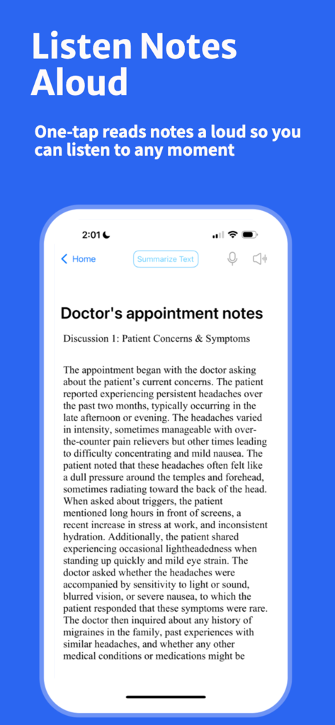 SpeechNotes · - Speechnotes app interface showing the text to speech feature reading a doctor's appointment note aloud