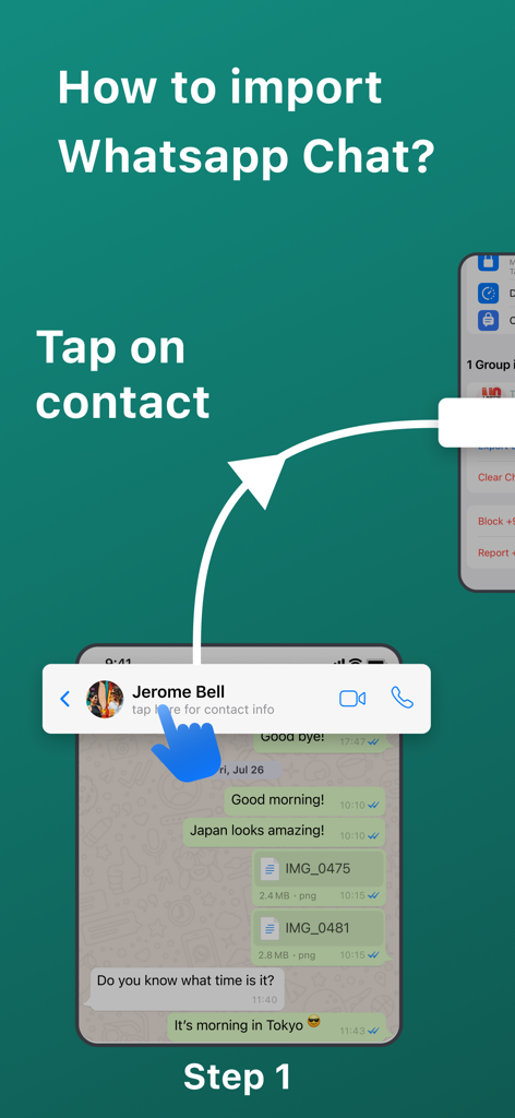 Step 1 instructional screen showing how to tap a contact to import WhatsApp chat