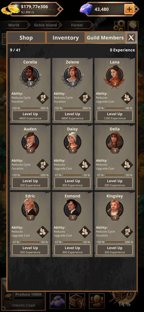 Idle Medieval Merchant Tycoon - Un écran de gestion de personnages montrant divers membres de guilde avec leurs capacités uniques et leurs options de montée de niveau dans le jeu Idle Medieval Merchant Tycoon.