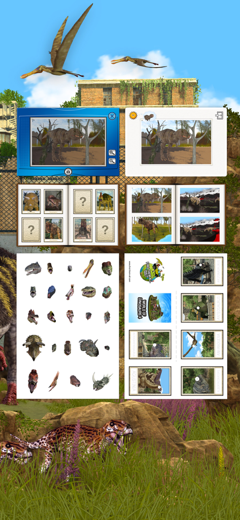 Dinosaurs & Ice Age Animals - Screenshots of dinosaur photography, photo albums, and printable flashcards from the educational app for children.