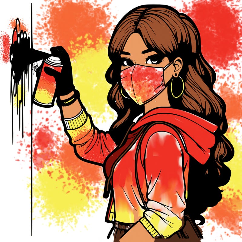 realistic girl with mask spray painting a wall