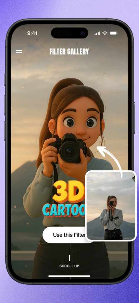 Tela do aplicativo Filtro e Criador de Anime exibindo a transformação do efeito de desenho animado 3D