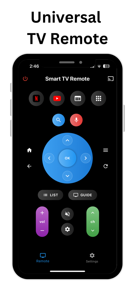 RemoteZap: Universal TV Remote - Interface of the RemoteZap universal TV remote app on an iPhone showing volume and channel controls