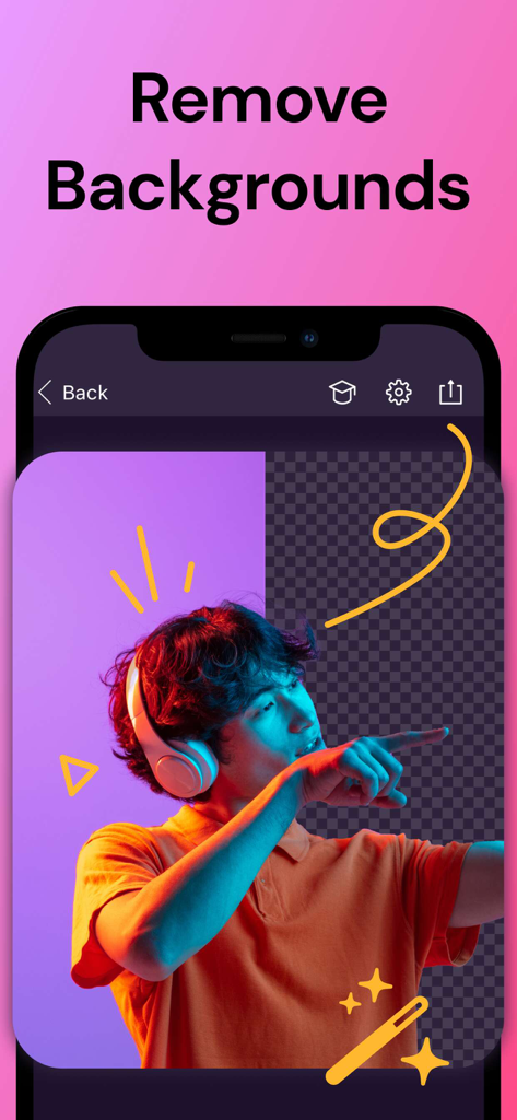 The Pixomatic app interface demonstrating the background removal feature with a split-screen view on a portrait of a person with headphones.