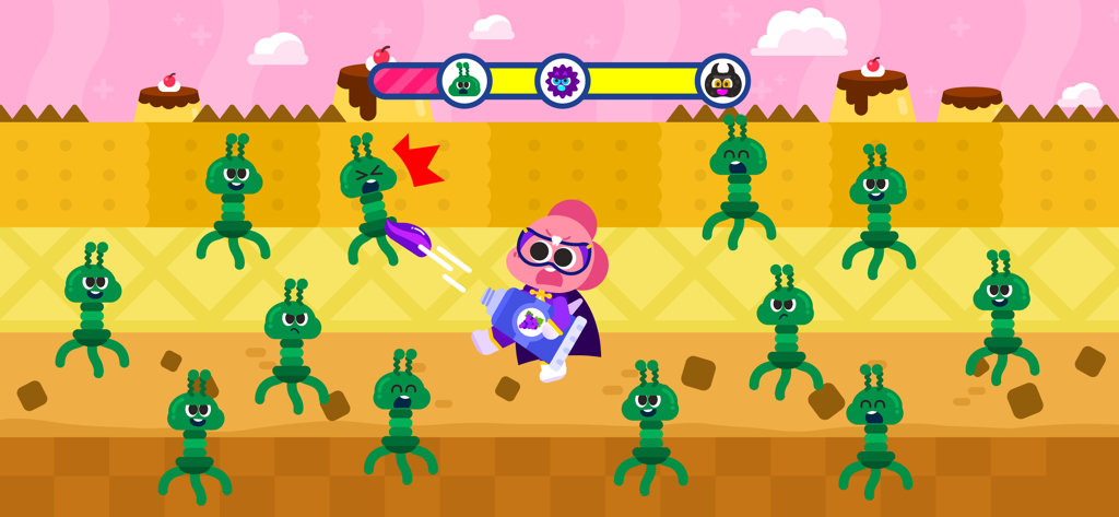 Un personaje dinosaurio rosa con un traje de superhéroe dispara pasta de dientes a gérmenes verdes en un mini-juego