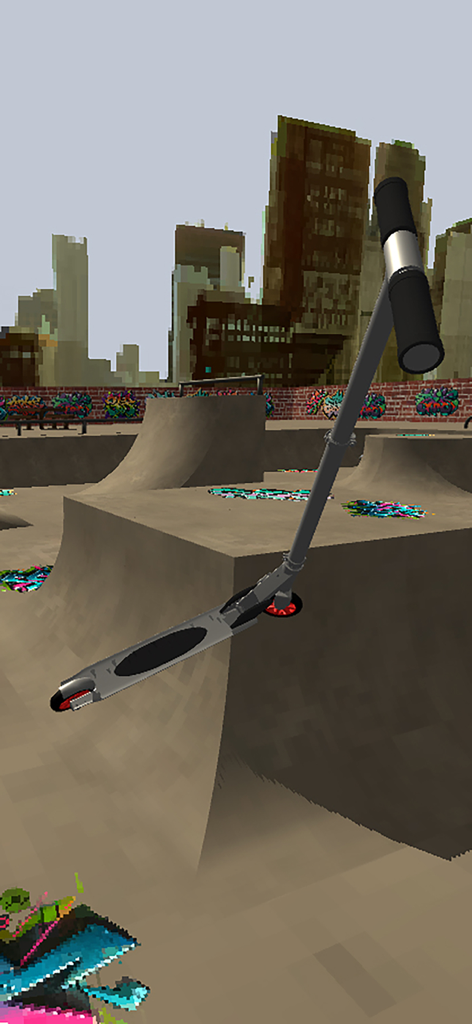 A pro scooter performing an aerial trick in a 3D skatepark simulator with city buildings in the background