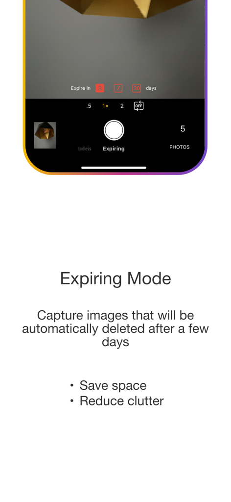 PhotoBot - Endless timer cam - Captura de pantalla de la aplicación PhotoBot que muestra la interfaz del Modo de Expiración para la eliminación automática de fotos para ahorrar espacio de almacenamiento