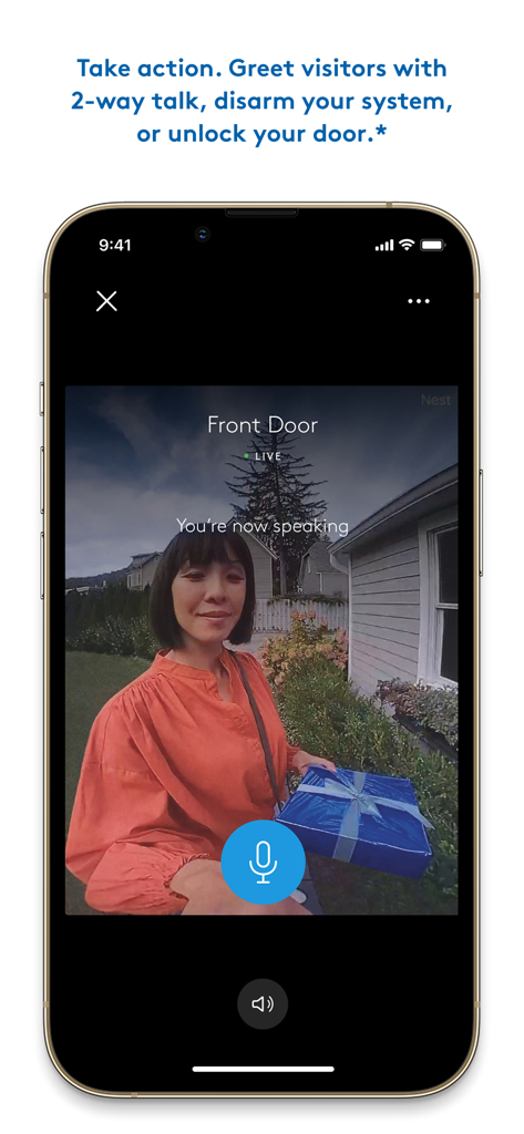 ADT plus app interface showing a live front door camera feed with two way talk feature active while a visitor holds a package