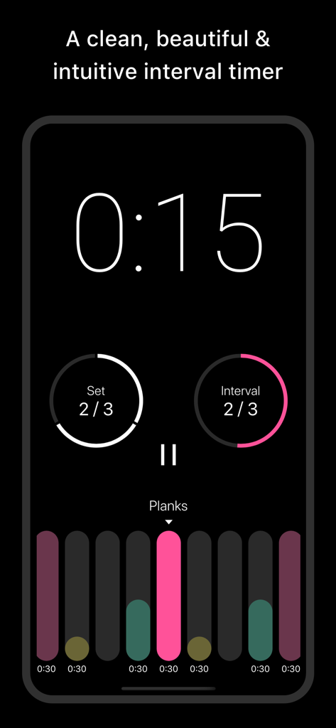 Pacer Fitness - Interval Timer - Interface minimalista de timer de intervalos para um treino de fitness mostrando uma contagem regressiva de quinze segundos para pranchas