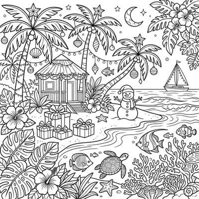Escape to a unique holiday scene with our Tropical Islands Christmas coloring page, where festive cheer meets sandy beaches. Decorate palm trees, a charming beach hut, and friendly marine life with your favorite colors.