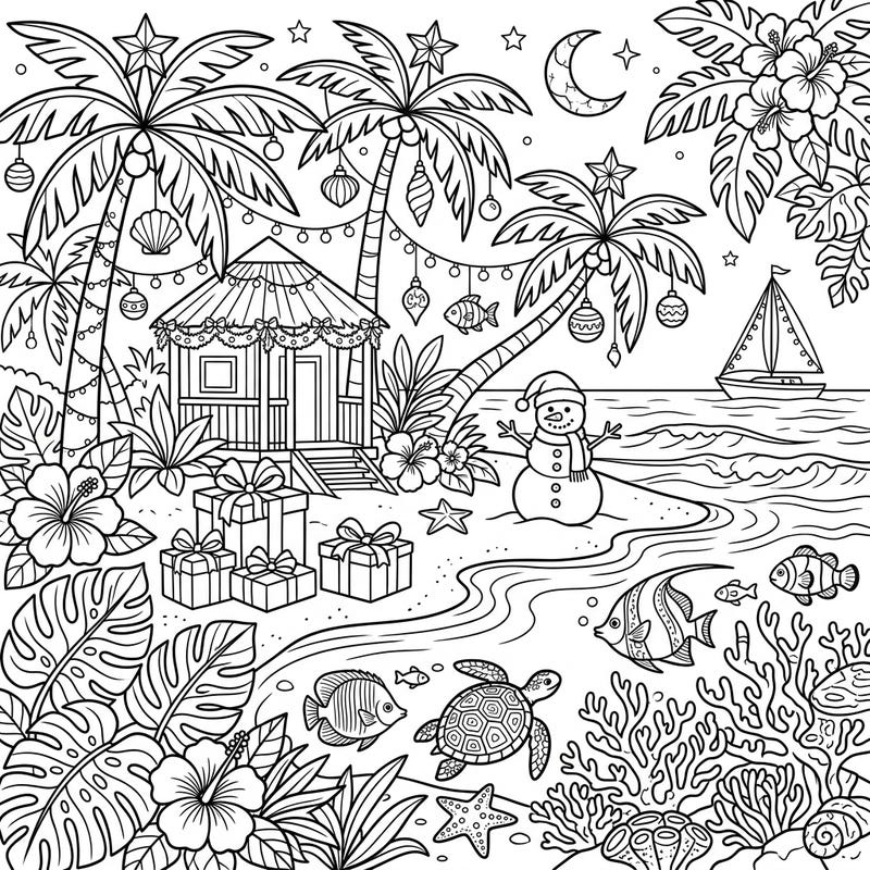 Escape to a unique holiday scene with our Tropical Islands Christmas coloring page, where festive cheer meets sandy beaches. Decorate palm trees, a charming beach hut, and friendly marine life with your favorite colors.