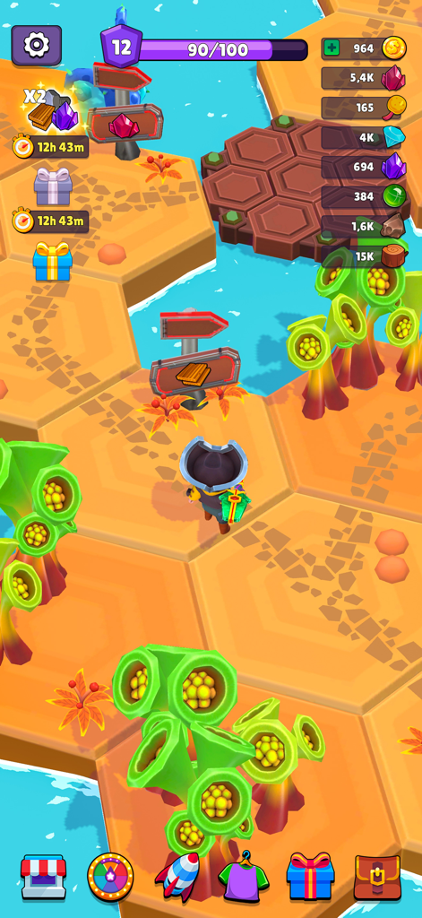 Top down view of an astronaut exploring a colorful alien planet with hexagonal tiles and unique flora in Space Bound