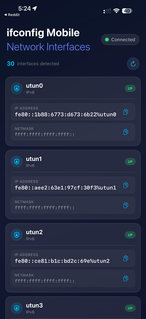 ifconfig Mobile: Network Info - ifconfig MobileアプリでIPv6アドレスとネットマスクの詳細が表示されているネットワークインターフェースのリスト。