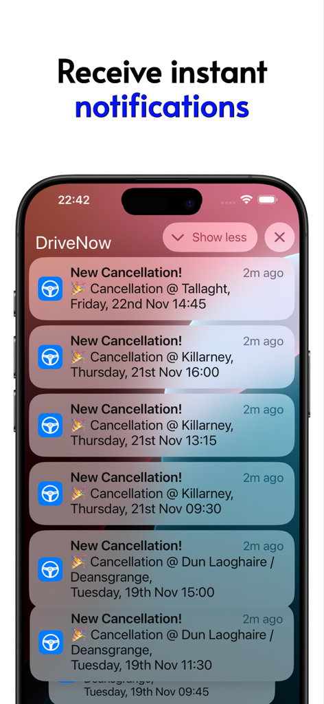 DriveNow Test Cancellations IE - Una pantalla de bloqueo de iPhone mostrando varias notificaciones push de la aplicación DriveNow anunciando nuevas cancelaciones de exámenes de conducir.
